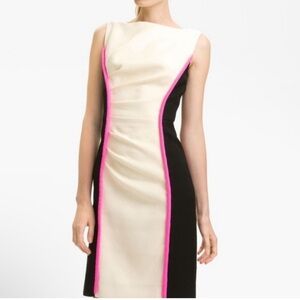 Milly New York Cream and Black Wool Sheath Dress  with Hot Pink Accents